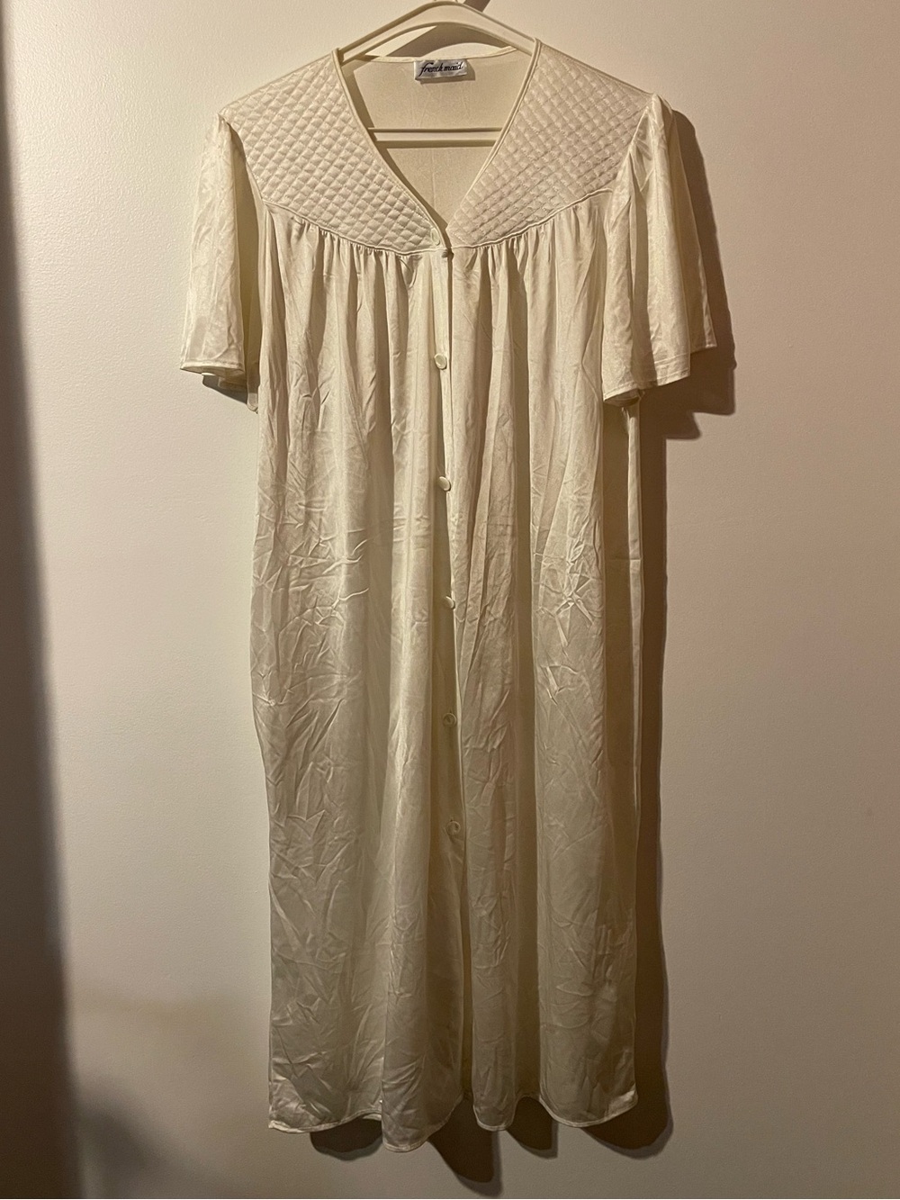Vintage French Maid Cream Quilted Yoke Nylon Button Front Nightgown SP Pocket